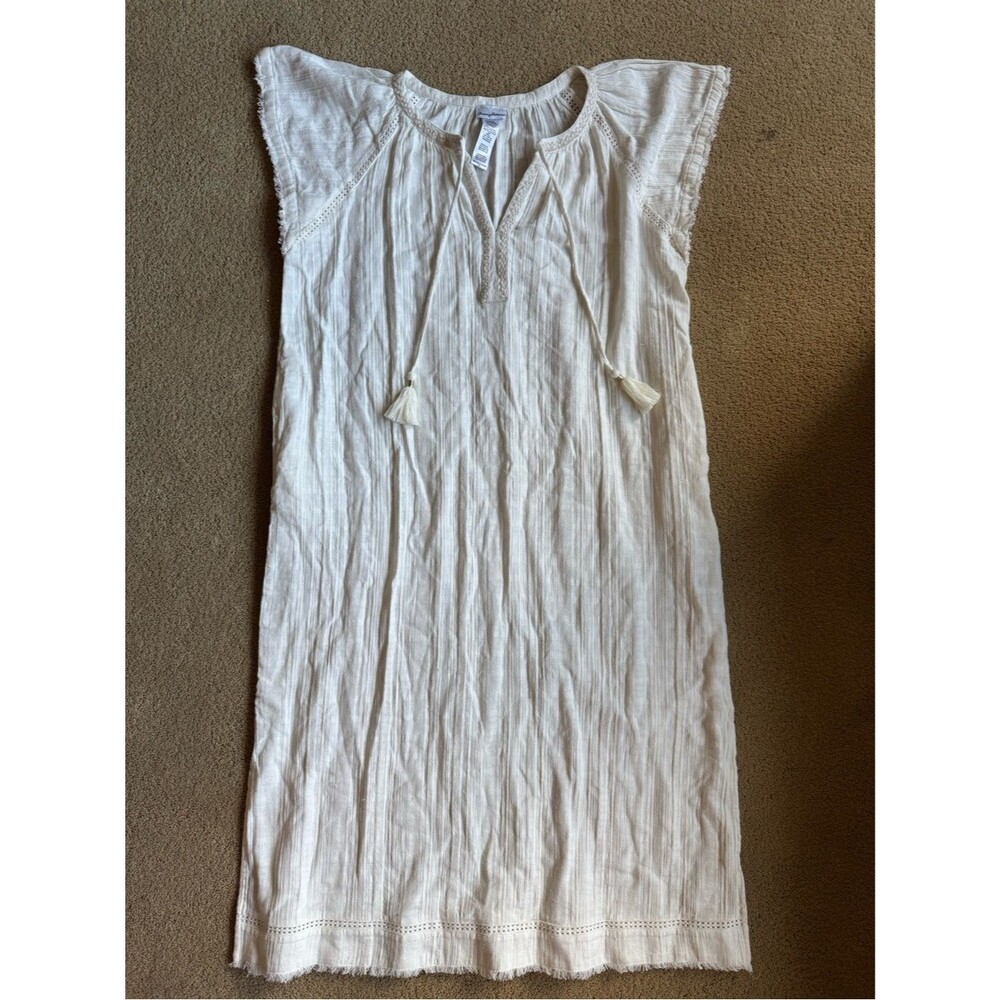Tommy Bahama White Boho Shift Dress Tassel Tie Neck Lightweight Women’s L/XL